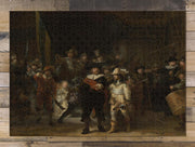 The Night Watch by Rembrandt puzzle: completed puzzle on wooden tabletop