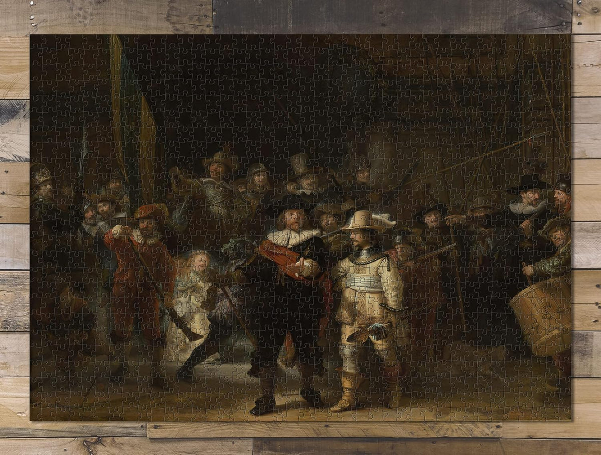 The Night Watch by Rembrandt puzzle: completed puzzle on wooden tabletop