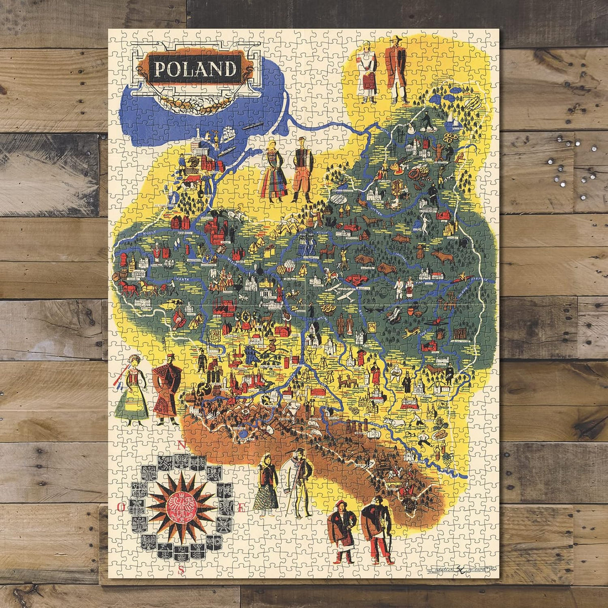 Poland Pictorial Map puzzle: completed puzzle on wooden tabletop
