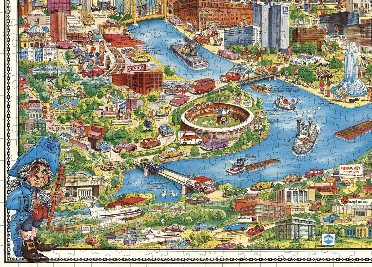 Pittsburgh Illustrated City Map puzzle: stadium, rivers and bridges detail