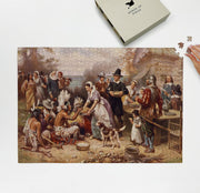 The First Thanksgiving Art puzzle: puzzle and box on white tabletop