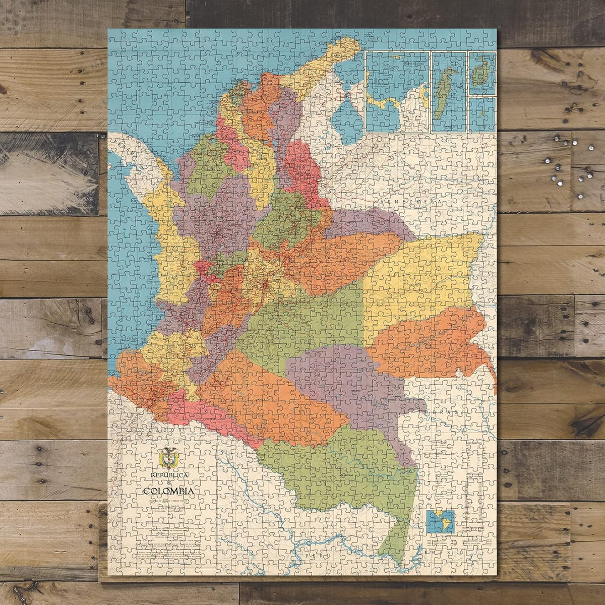 Colombia Regional Map puzzle: completed puzzle on wooden tabletop