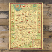 Indiana Pictorial Map puzzle: completed puzzle on wooden tabletop