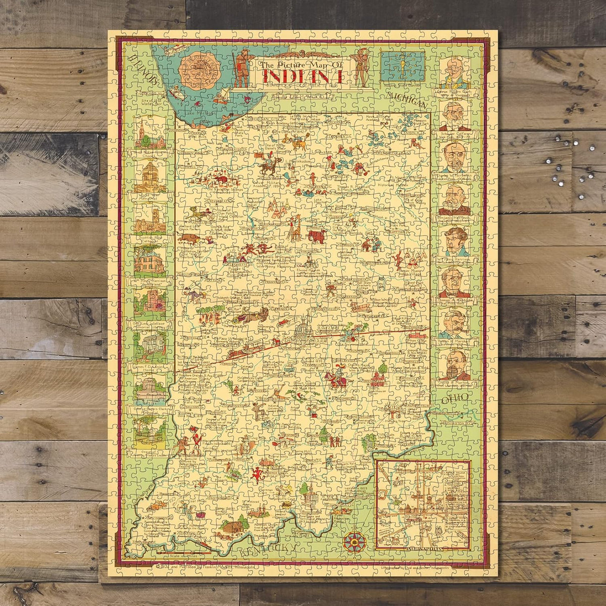 Indiana Pictorial Map puzzle: completed puzzle on wooden tabletop