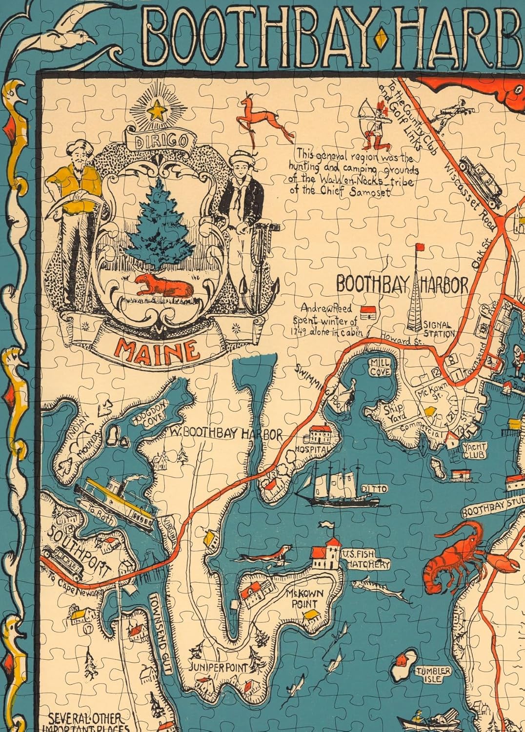 Boothbay Harbor Map puzzle: maine crest and harbor title