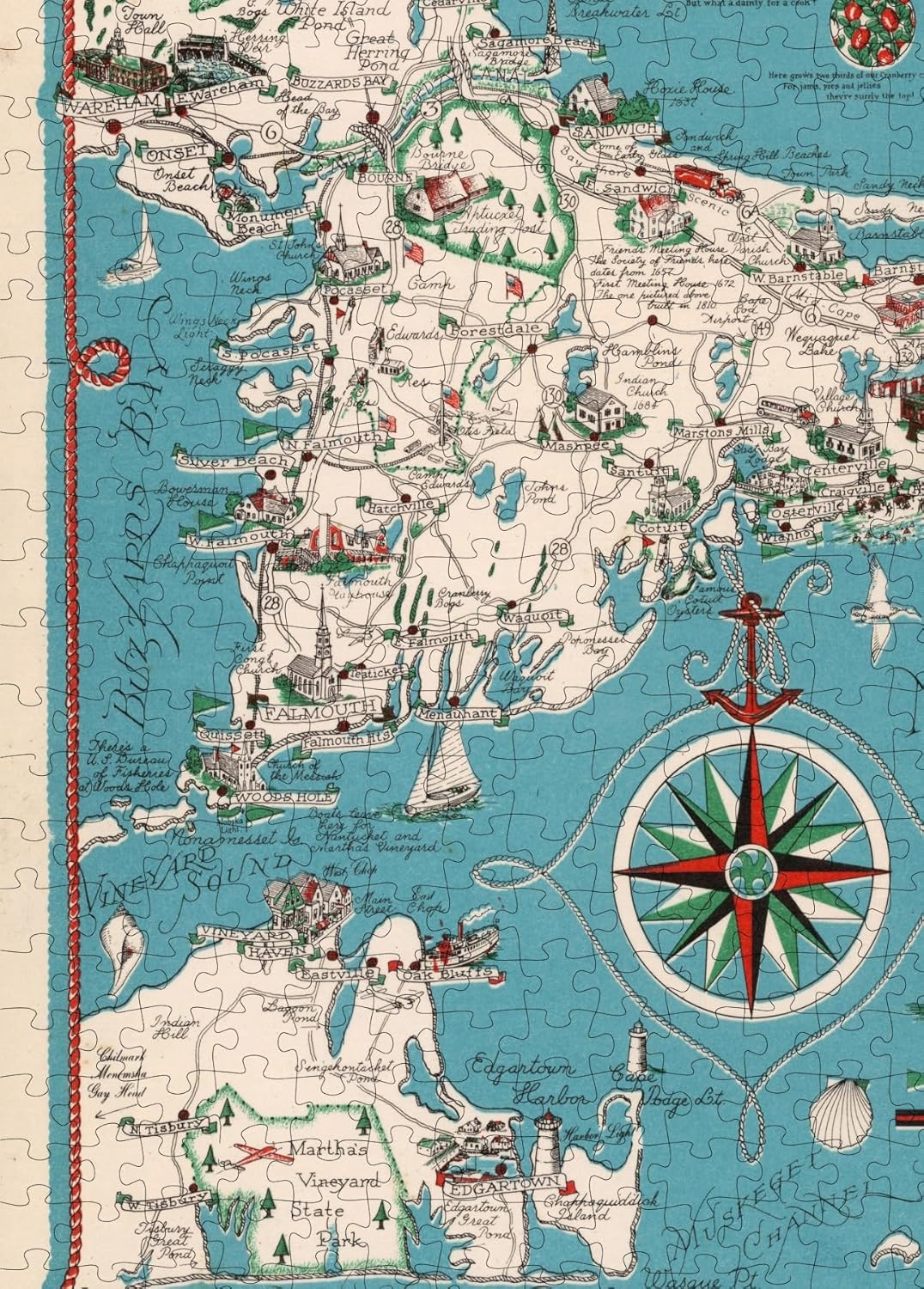 Cape Cod Pictorial Map puzzle: martha's Vineyard and compass detail