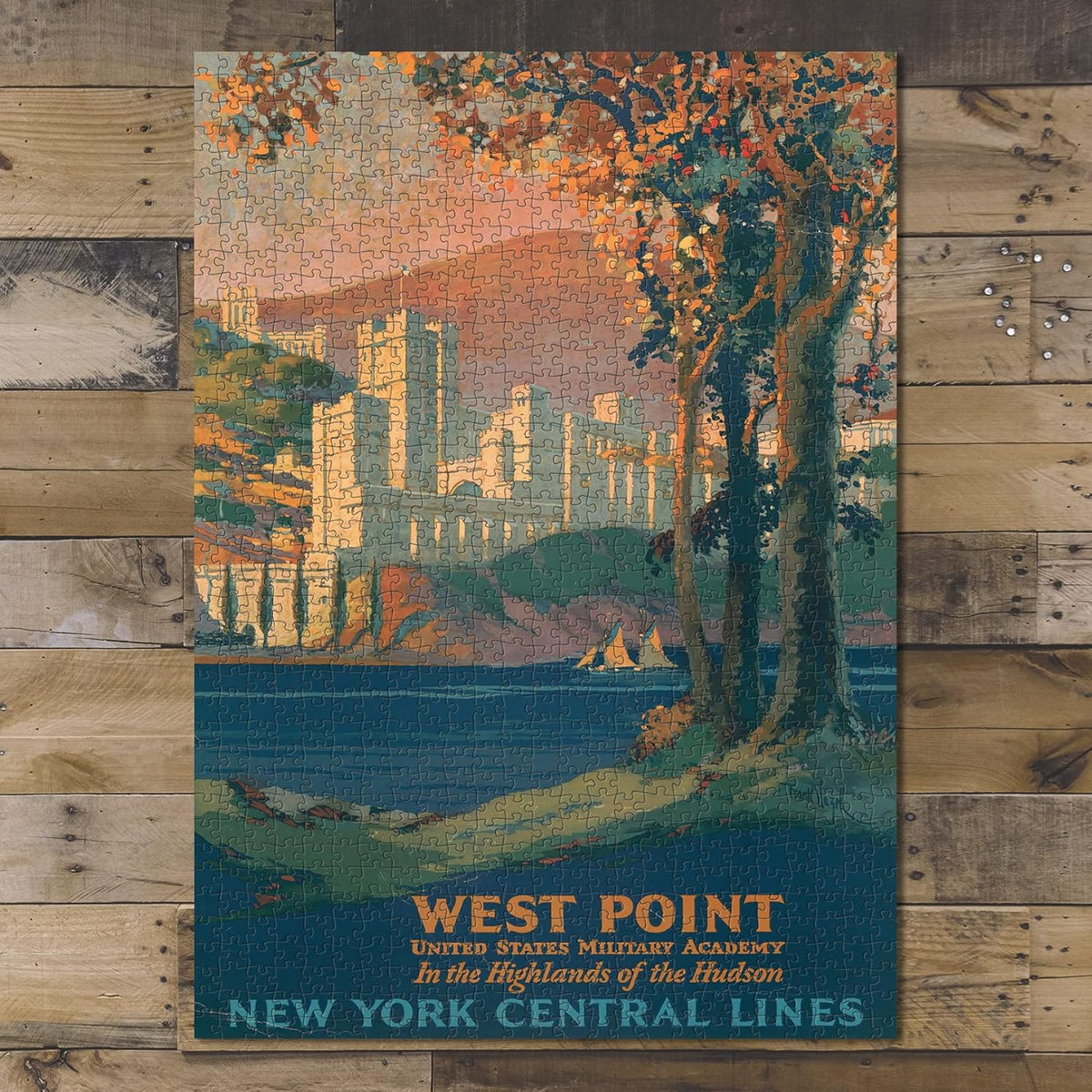 West Point Travel Poster puzzle: completed puzzle on wooden tabletop