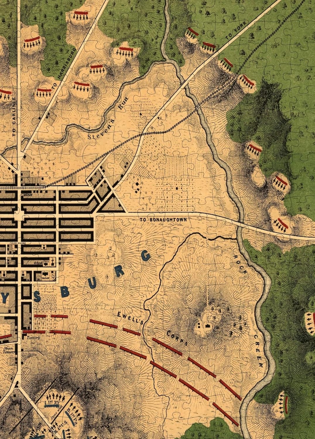 Gettysburg Battlefield Map puzzle: town and eastern battlefield detail