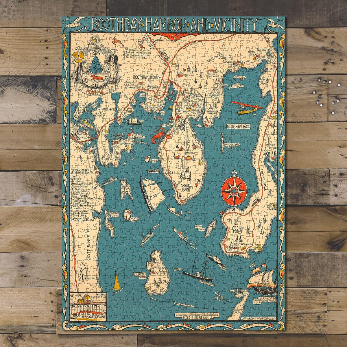 Boothbay Harbor Map puzzle: completed puzzle on wooden tabletop