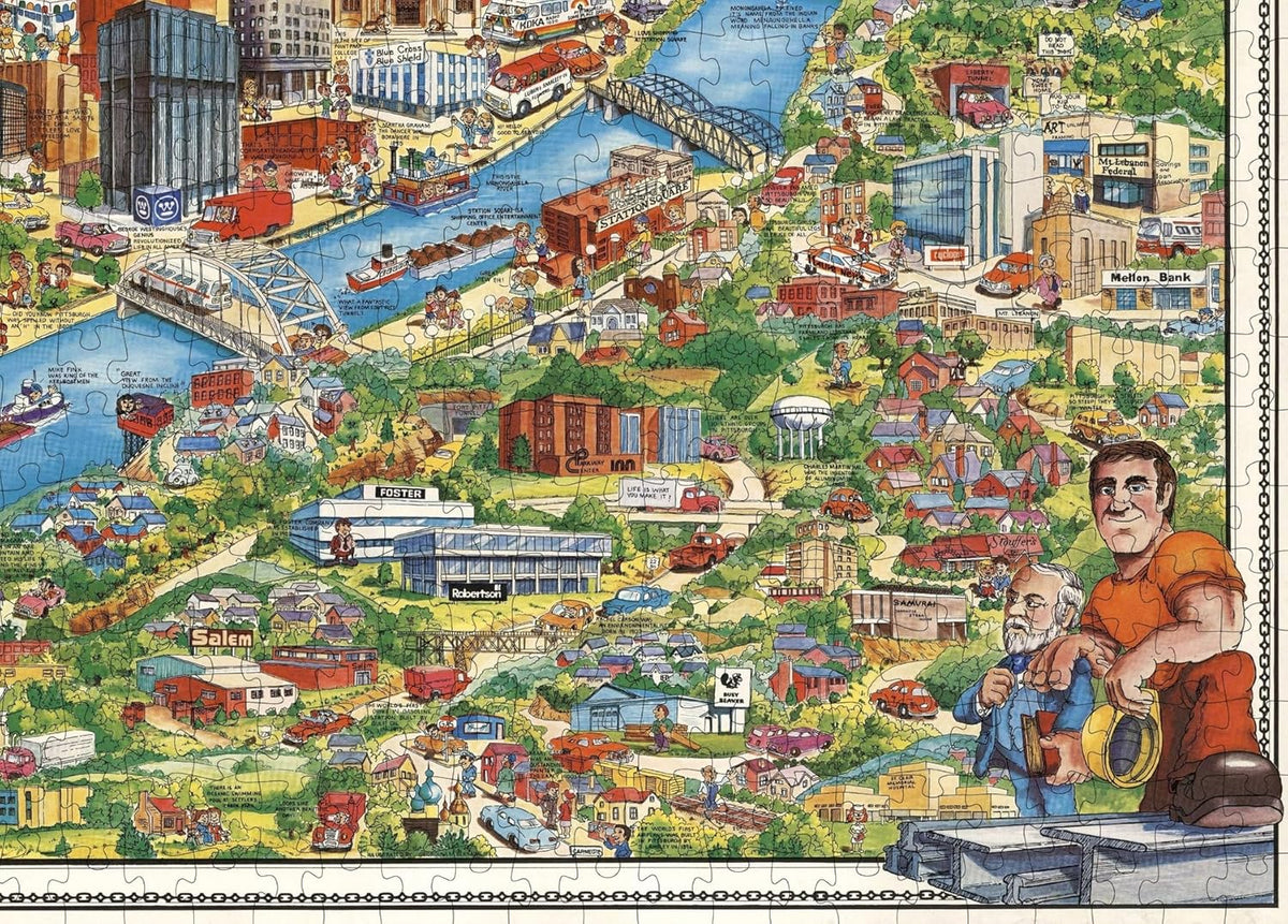 Pittsburgh Illustrated City Map puzzle: city and cartoon figures close-up