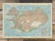 Iceland Atlas Map puzzle: completed puzzle on wooden tabletop
