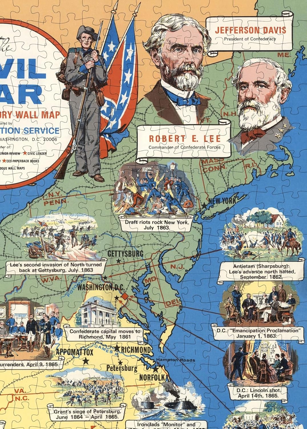 Civil War Illustrated Map puzzle: davis and Lee portraits