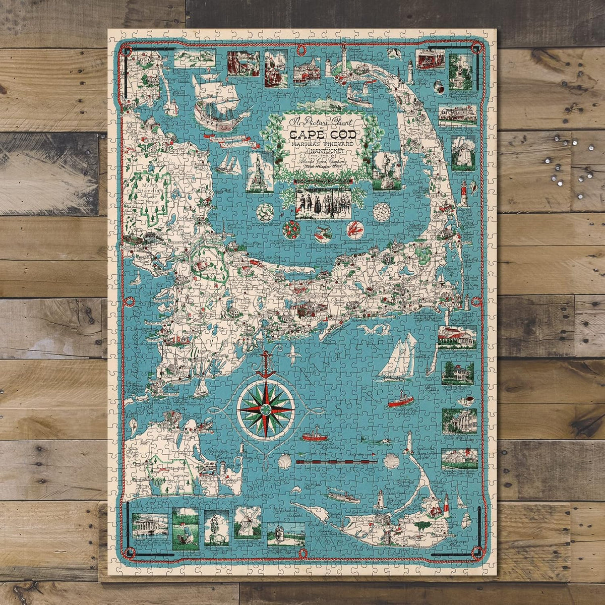 Cape Cod Pictorial Map puzzle: completed puzzle on wooden tabletop