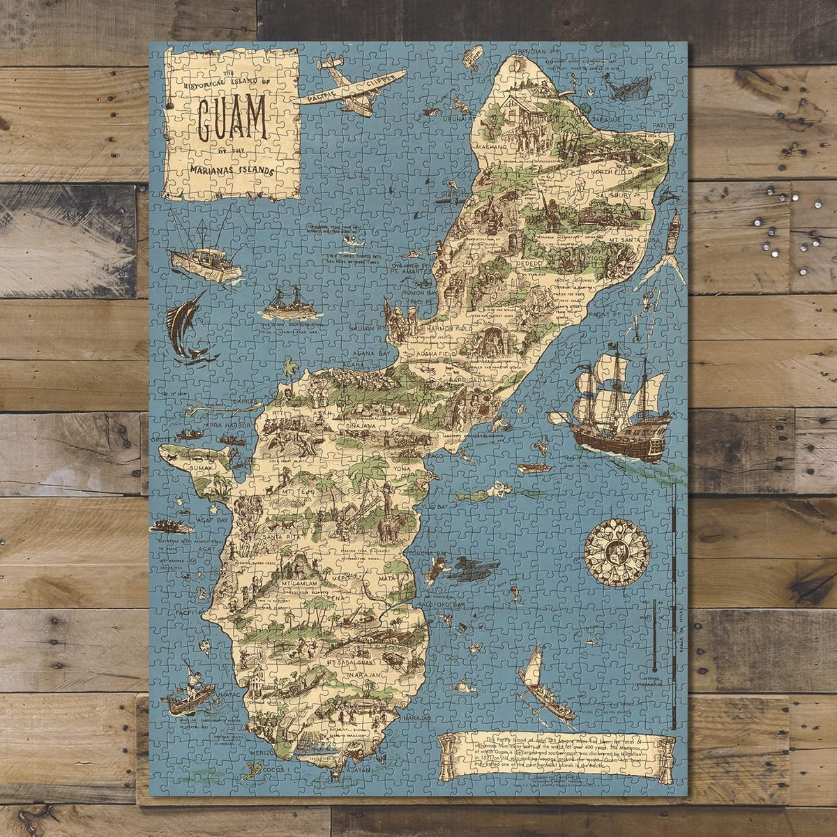 Guam Pictorial Map puzzle: completed puzzle on wooden tabletop