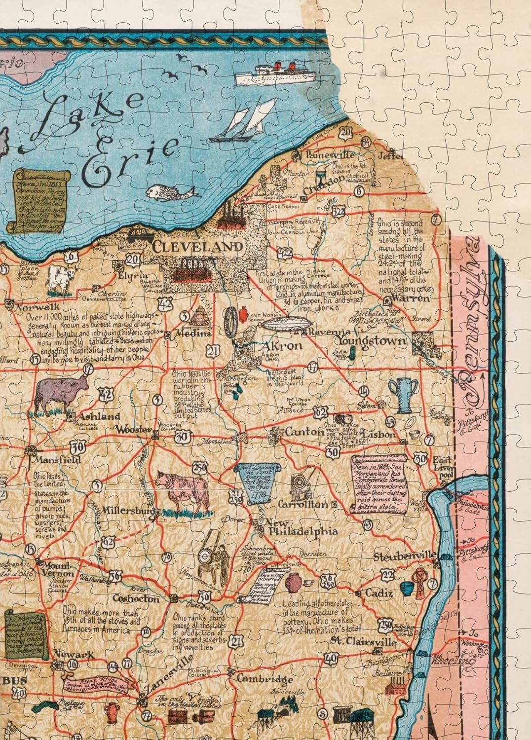 Ohio Pictorial Map puzzle: lake Erie and eastern map detail