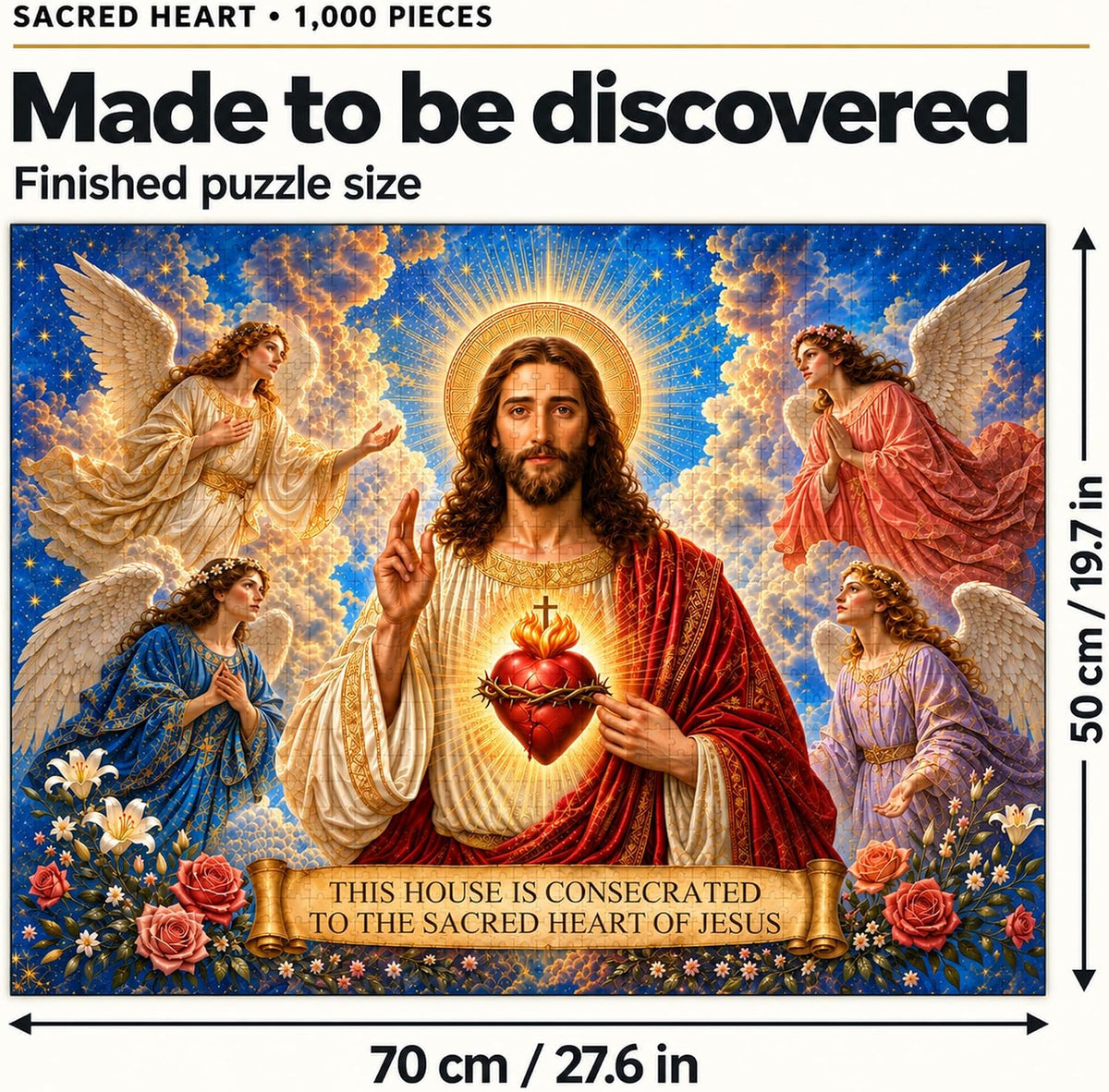 Sacred Heart of Jesus puzzle size diagram showing the finished artwork at 50 × 70 cm