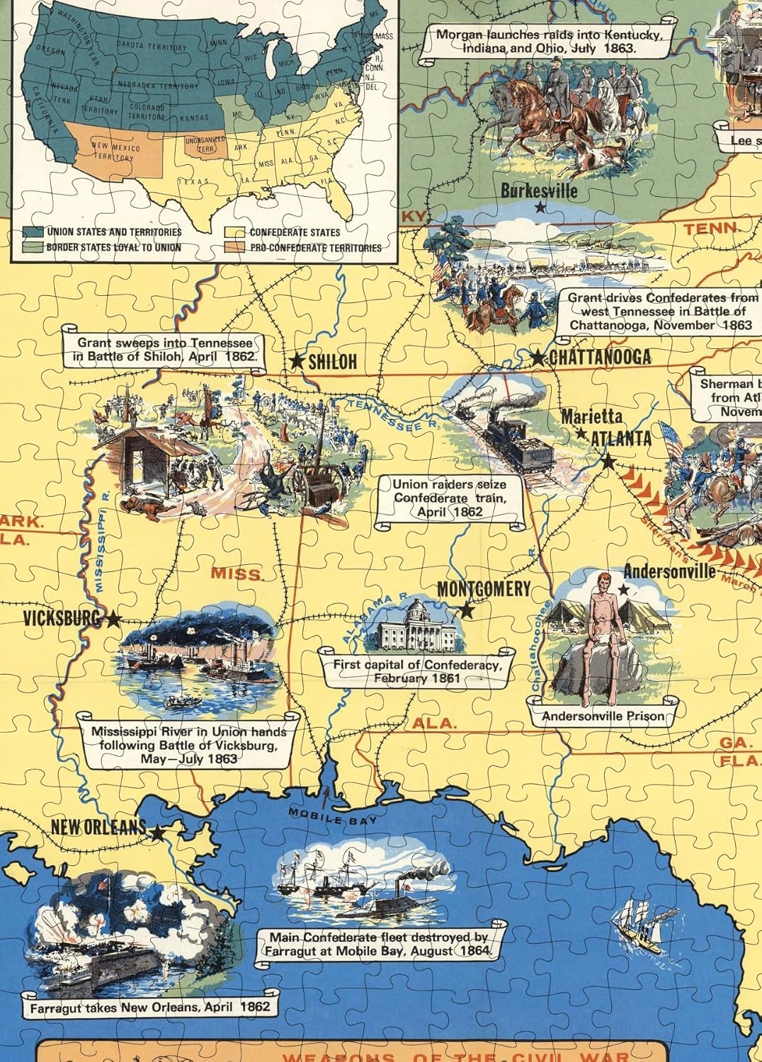 Civil War Illustrated Map puzzle: southern battle illustrations