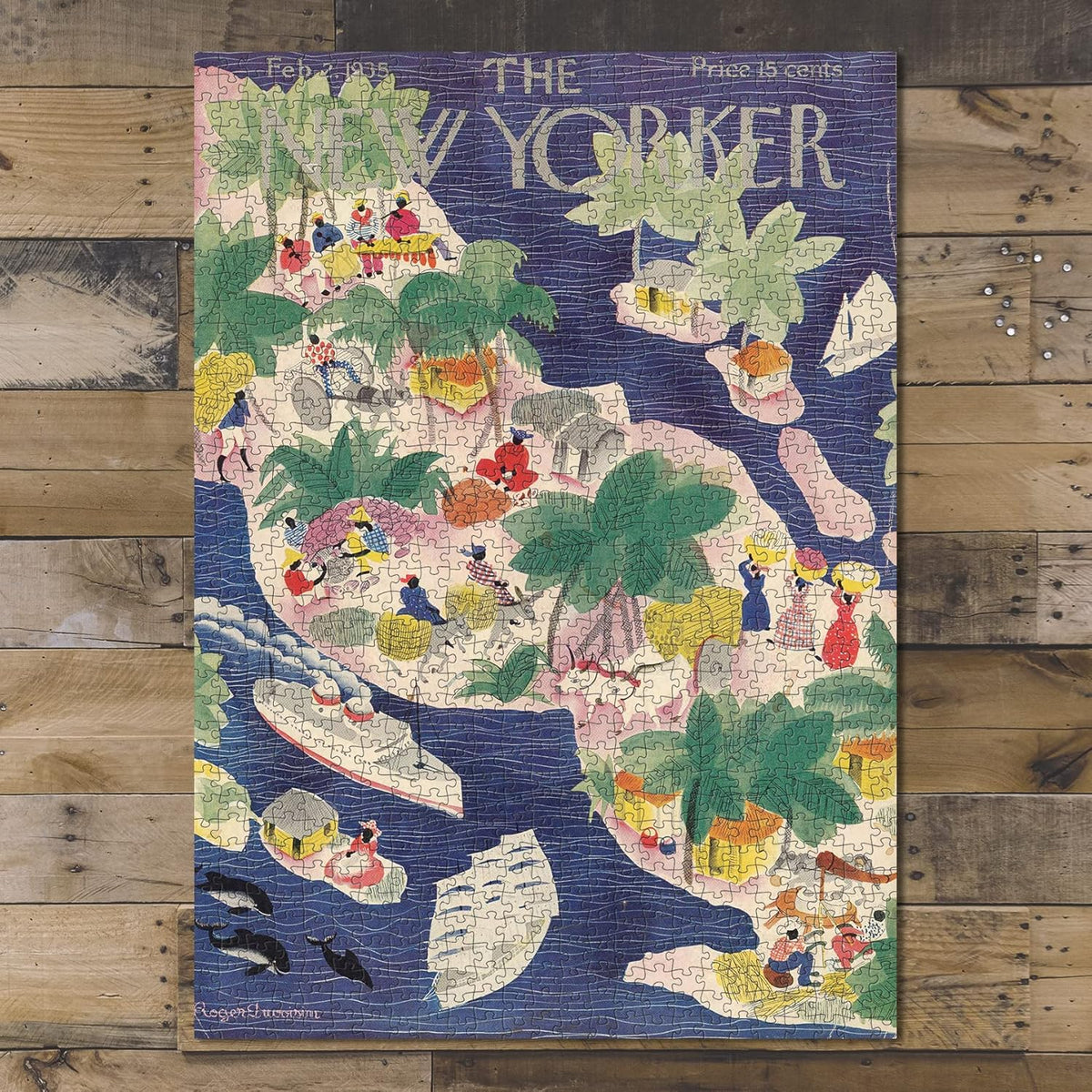 The New Yorker Tropical Cover puzzle: completed puzzle on wooden tabletop