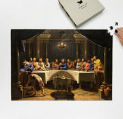 The Last Supper by Champaigne puzzle: puzzle and box on white tabletop