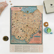 Ohio Pictorial Map puzzle: puzzle and box on white tabletop