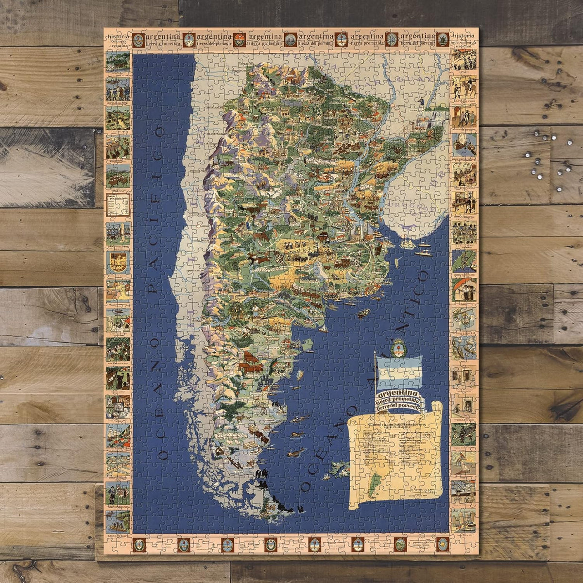 Argentina Pictorial Map puzzle: completed puzzle on wooden tabletop