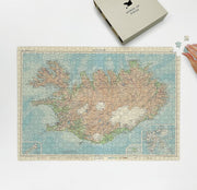 Iceland Atlas Map puzzle: puzzle and box on white tabletop