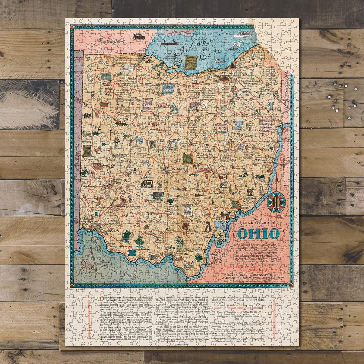 Ohio Pictorial Map puzzle: completed puzzle on wooden tabletop