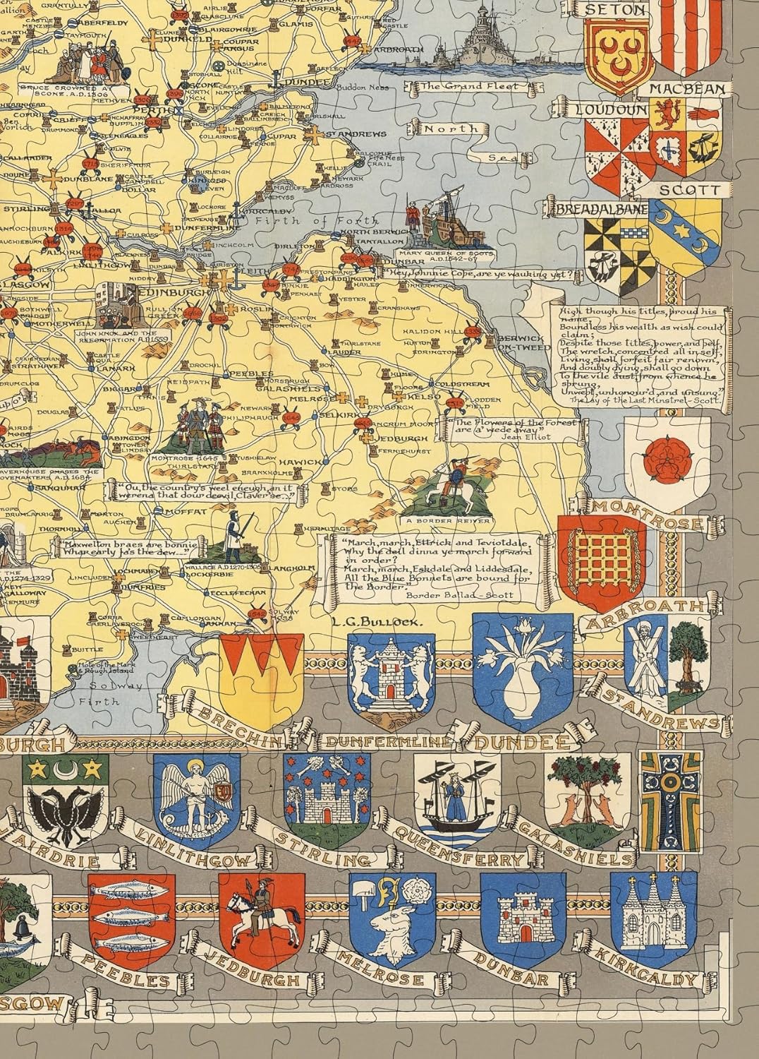 Scotland Heraldic Map puzzle: southern map and shields close-up