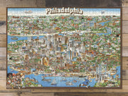 Philadelphia Illustrated City Map puzzle: completed puzzle on wooden tabletop