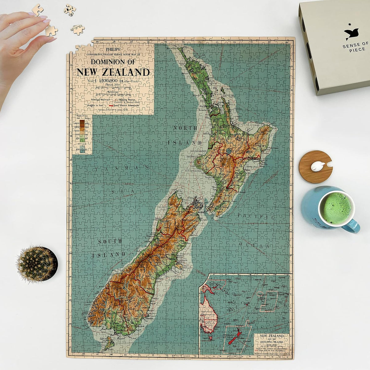 New Zealand Map puzzle: puzzle and box on white tabletop