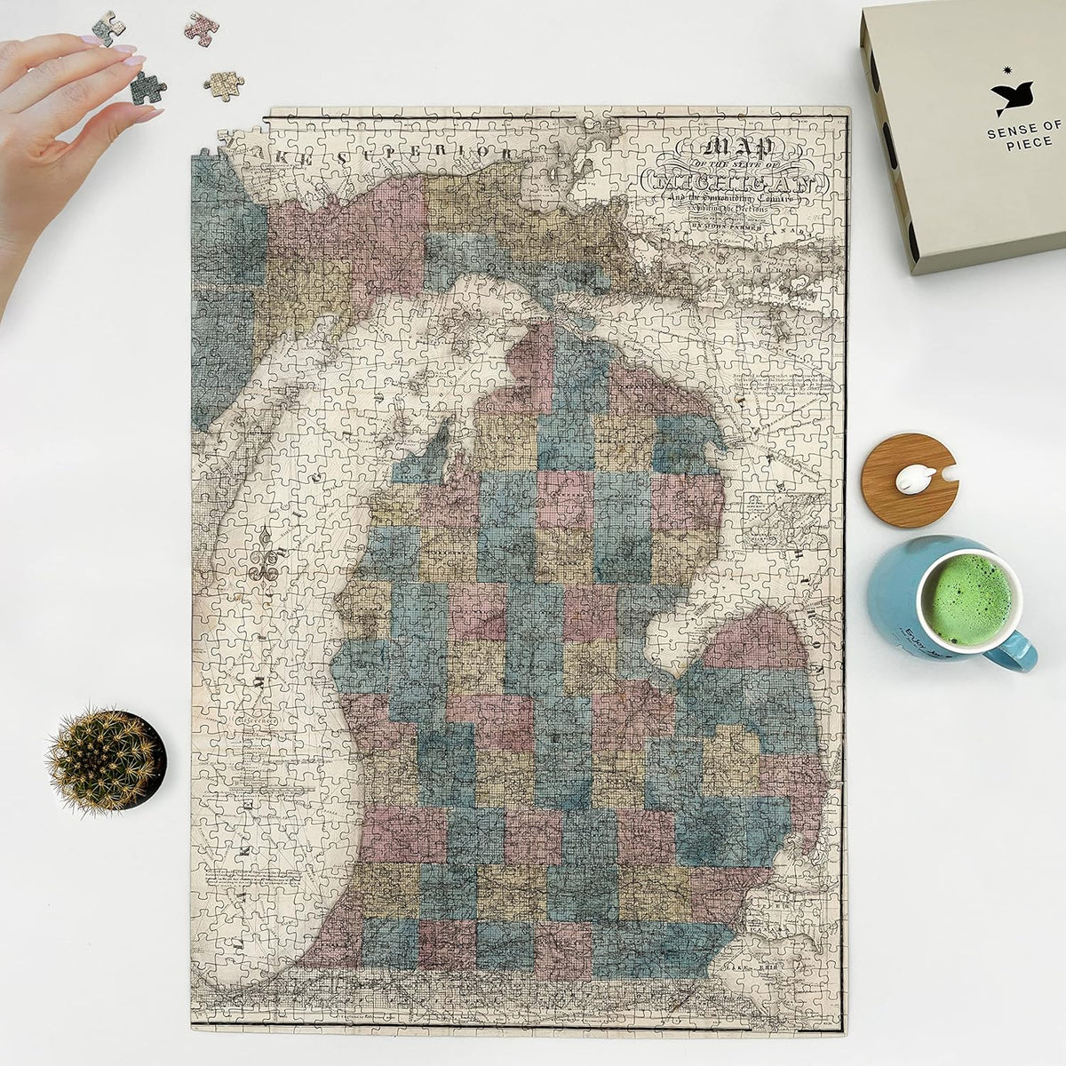 Michigan County Map puzzle: puzzle and box on white tabletop