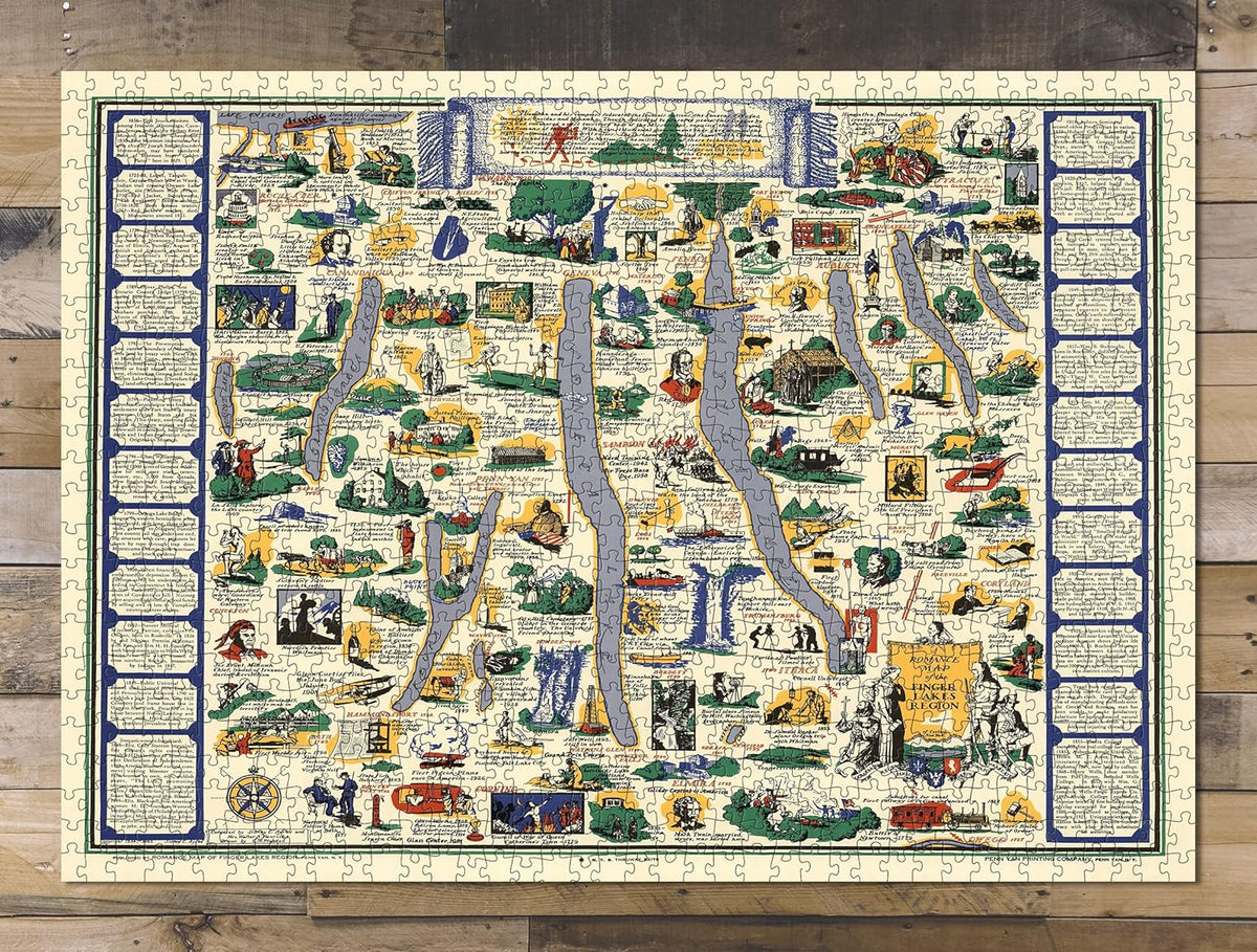 Finger Lakes Pictorial Map puzzle: completed puzzle on wooden tabletop