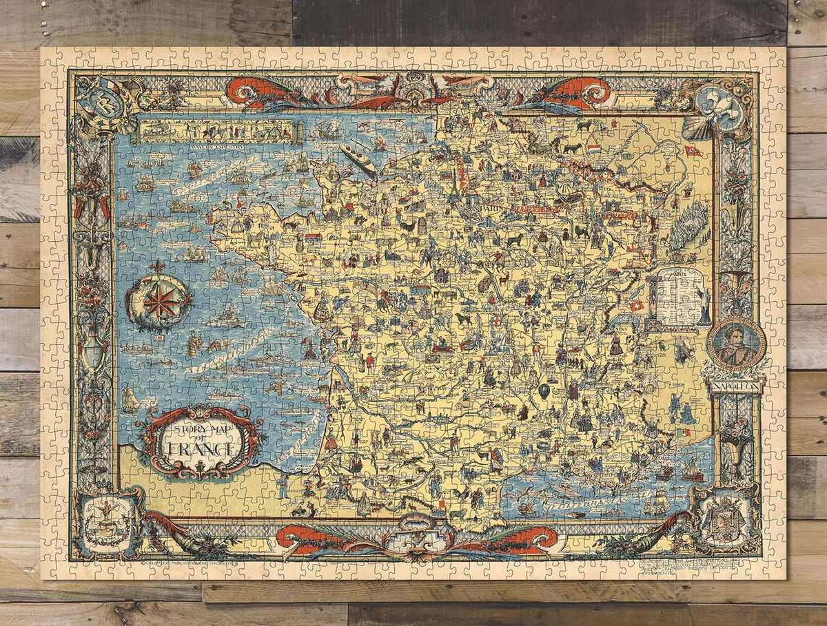 France Story Map puzzle: completed puzzle on wooden tabletop