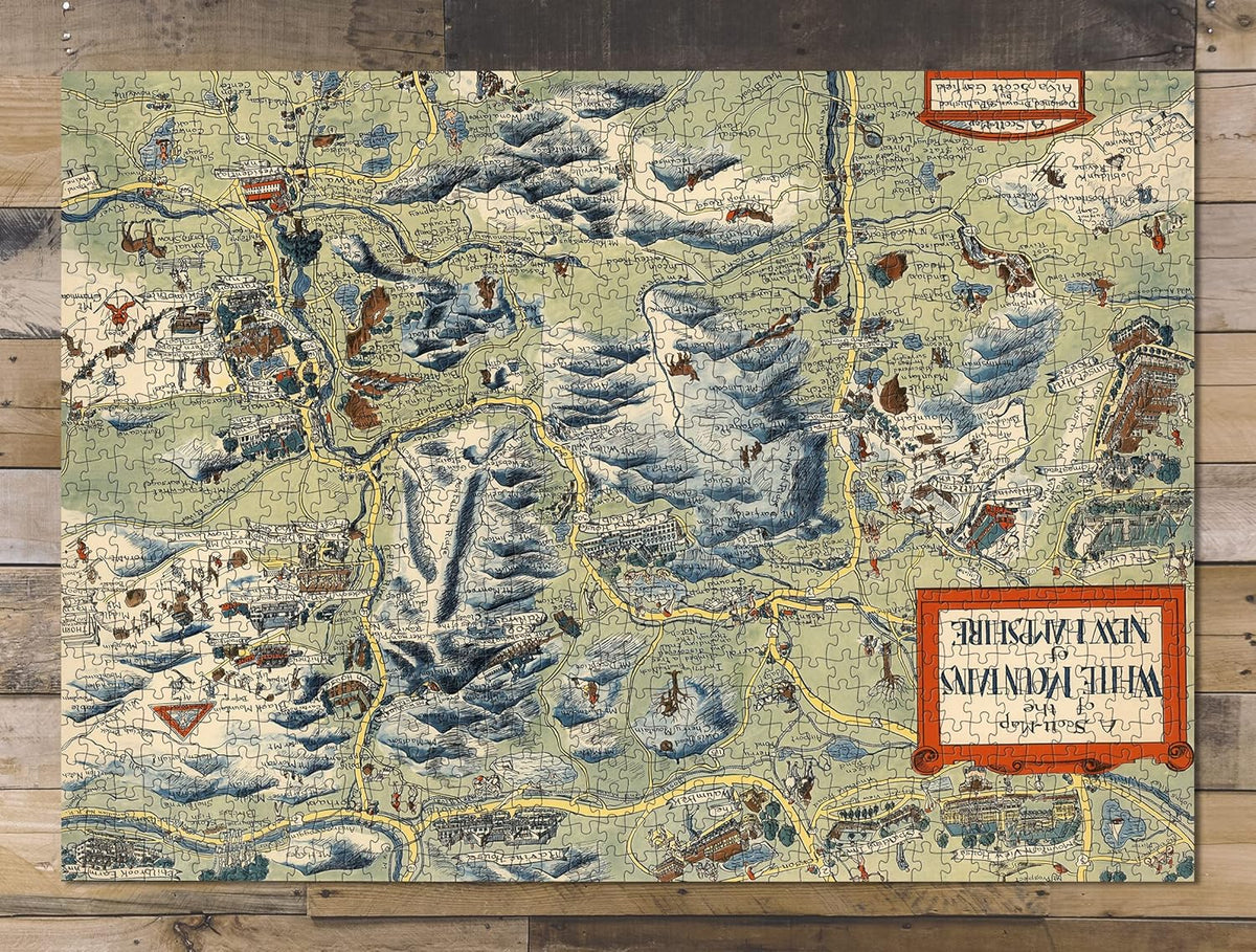 White Mountains New Hampshire Map puzzle: completed puzzle shown upside down on wooden tabletop