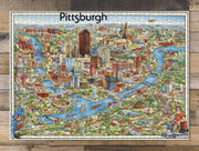 Pittsburgh Illustrated City Map puzzle: completed puzzle on wooden tabletop
