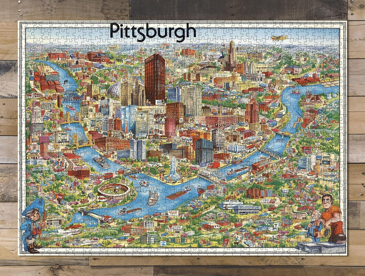 Pittsburgh Illustrated City Map puzzle: completed puzzle on wooden tabletop