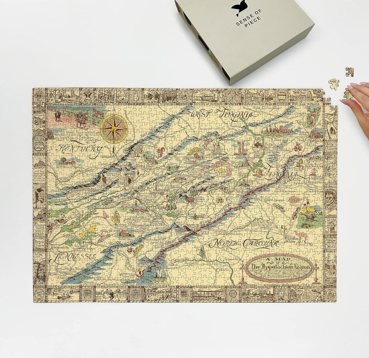 Appalachian Region Pictorial Map puzzle: puzzle and box on white tabletop