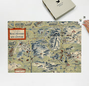 White Mountains New Hampshire Map puzzle: puzzle and box on white tabletop