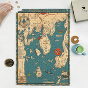 Boothbay Harbor Map puzzle: puzzle and box on white tabletop