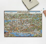 Philadelphia Illustrated City Map puzzle: puzzle and box on white tabletop