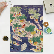 The New Yorker Tropical Cover puzzle: puzzle and box on white tabletop