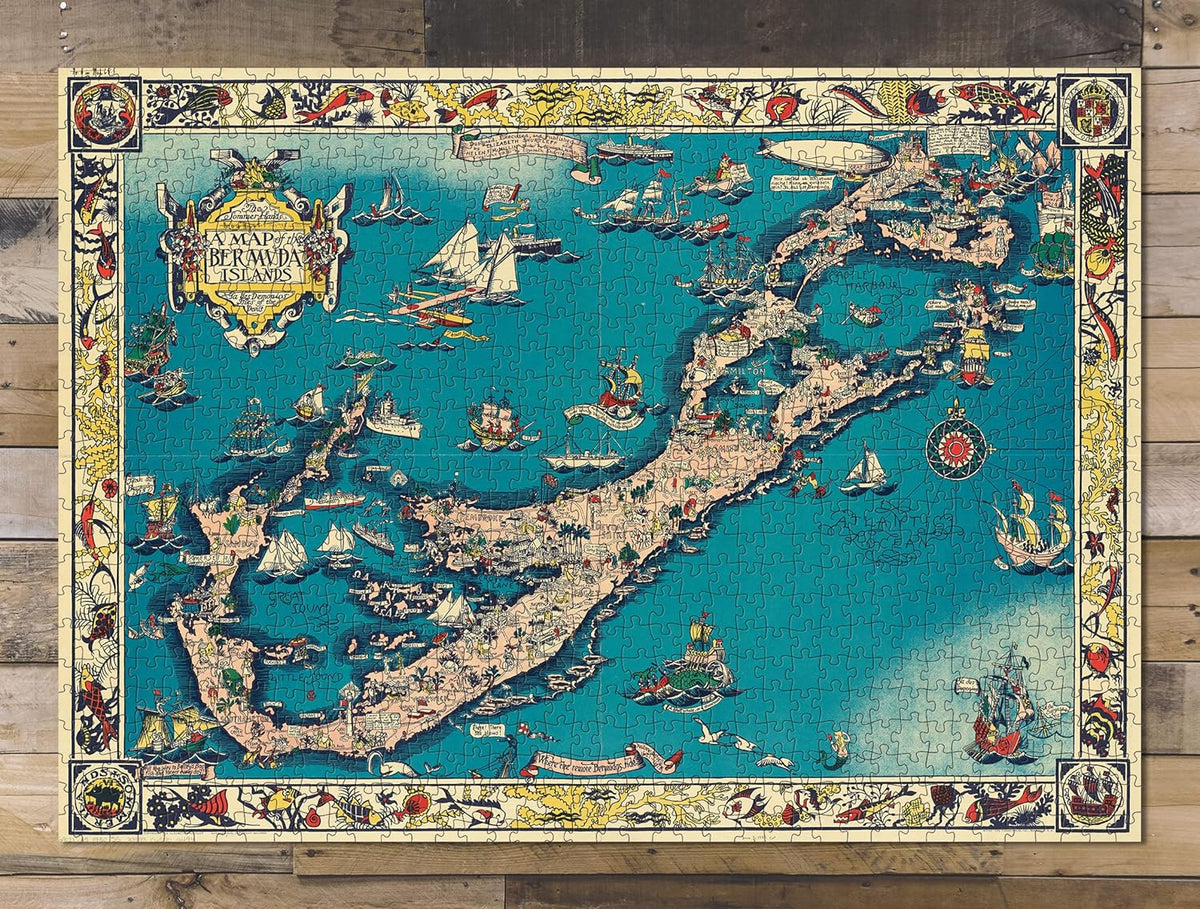 Bermuda Islands Pictorial Map puzzle: completed puzzle on wooden tabletop
