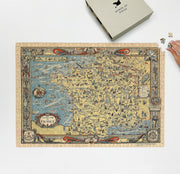 France Story Map puzzle: puzzle and box on white tabletop
