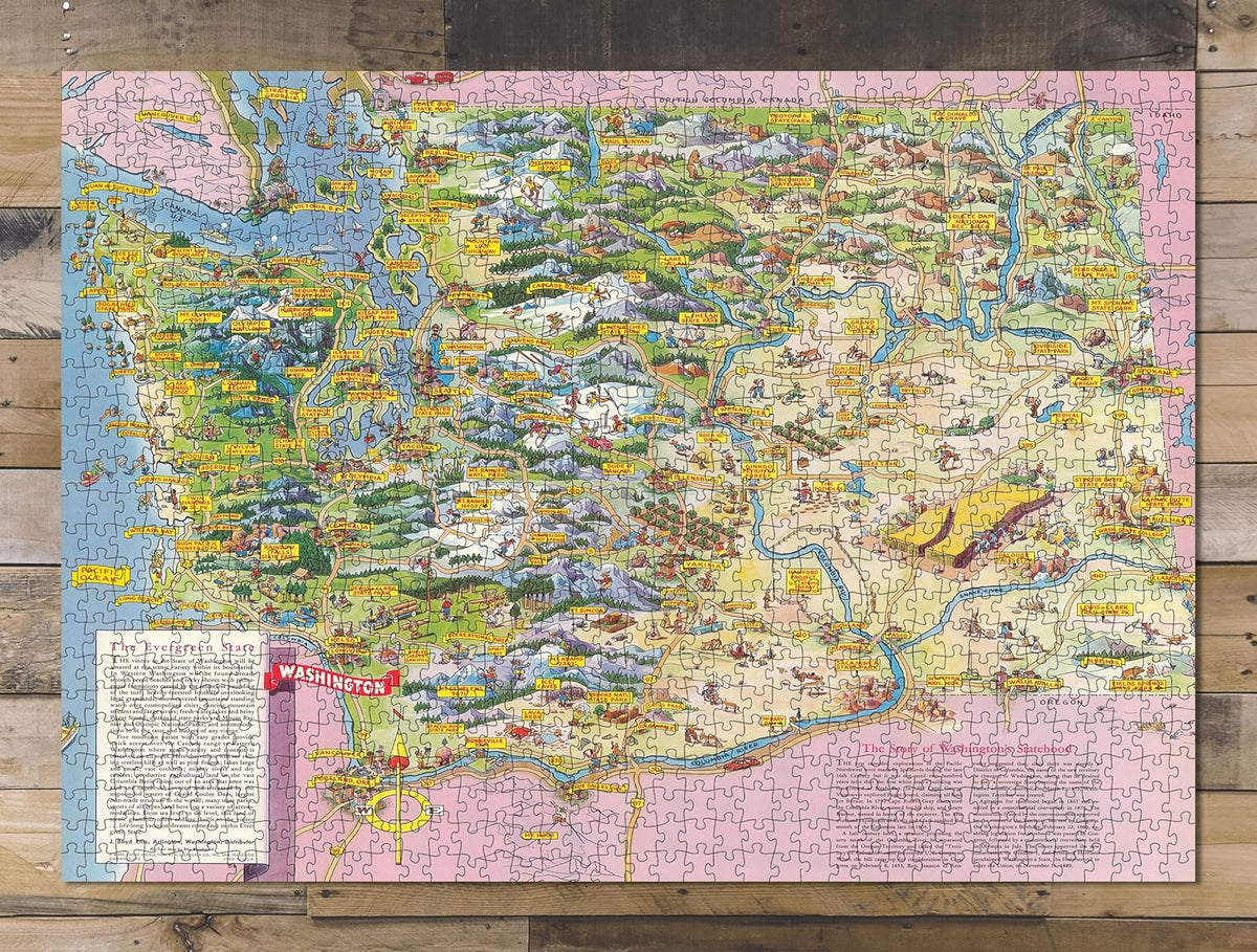Washington State Pictorial Map puzzle: completed puzzle on wooden tabletop
