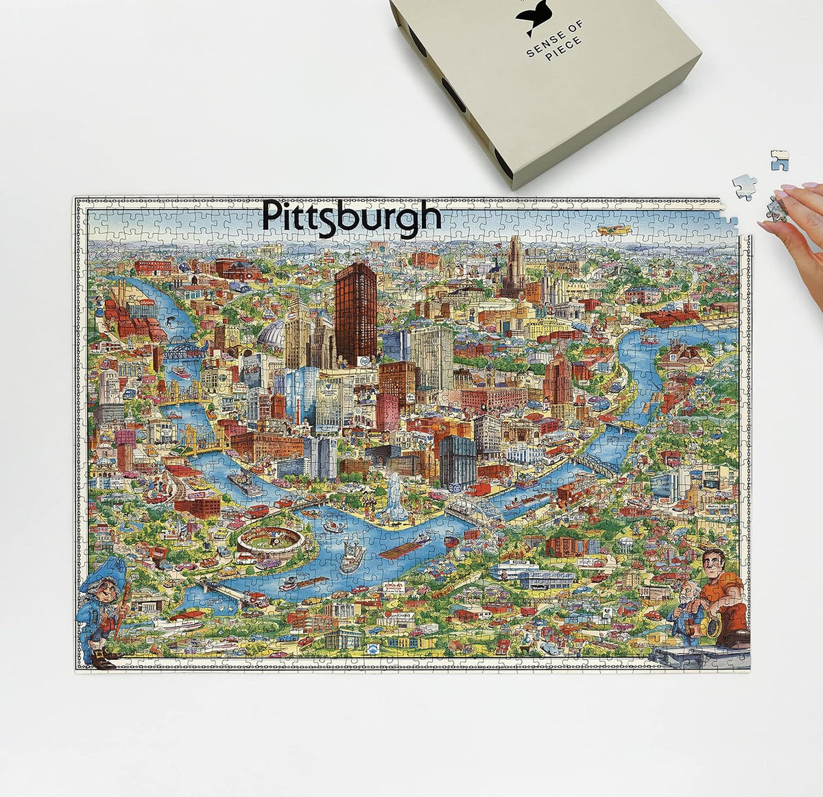 Pittsburgh Illustrated City Map puzzle: puzzle and box on white tabletop