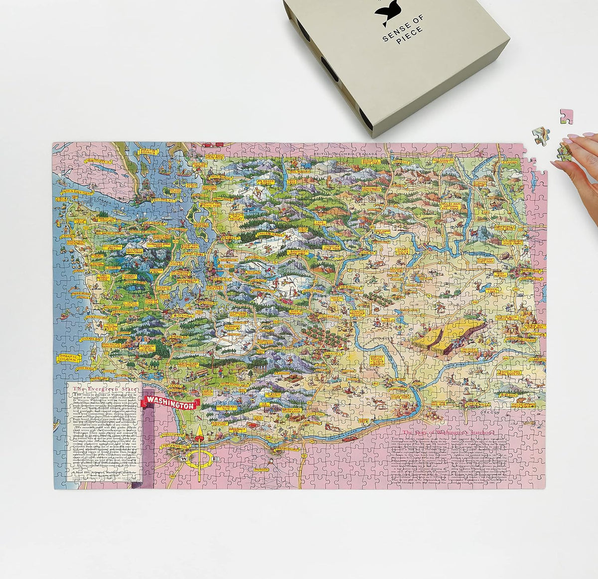 Washington State Pictorial Map puzzle: puzzle and box on white tabletop