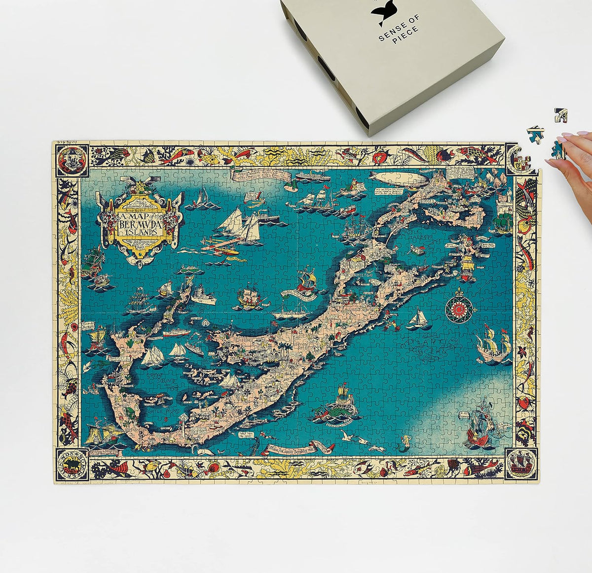 Bermuda Islands Pictorial Map puzzle: puzzle and box on white tabletop