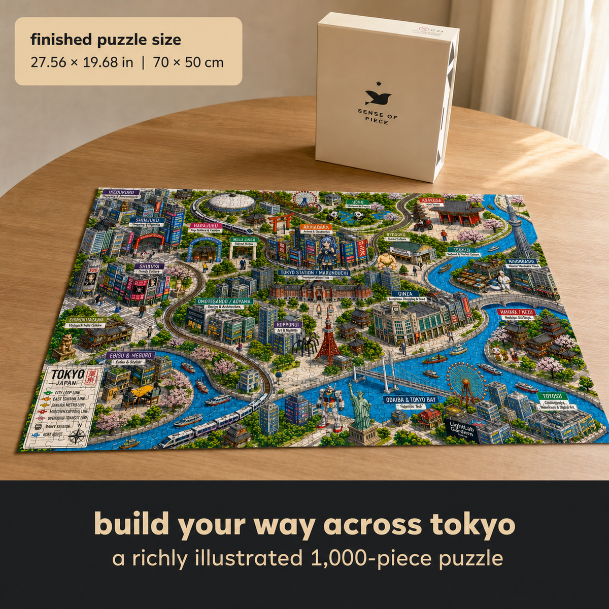 Tokyo Illustrated City Map puzzle: completed puzzle on table with size annotation
