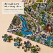 Tokyo Illustrated City Map puzzle: city details and interlocking pieces close-up