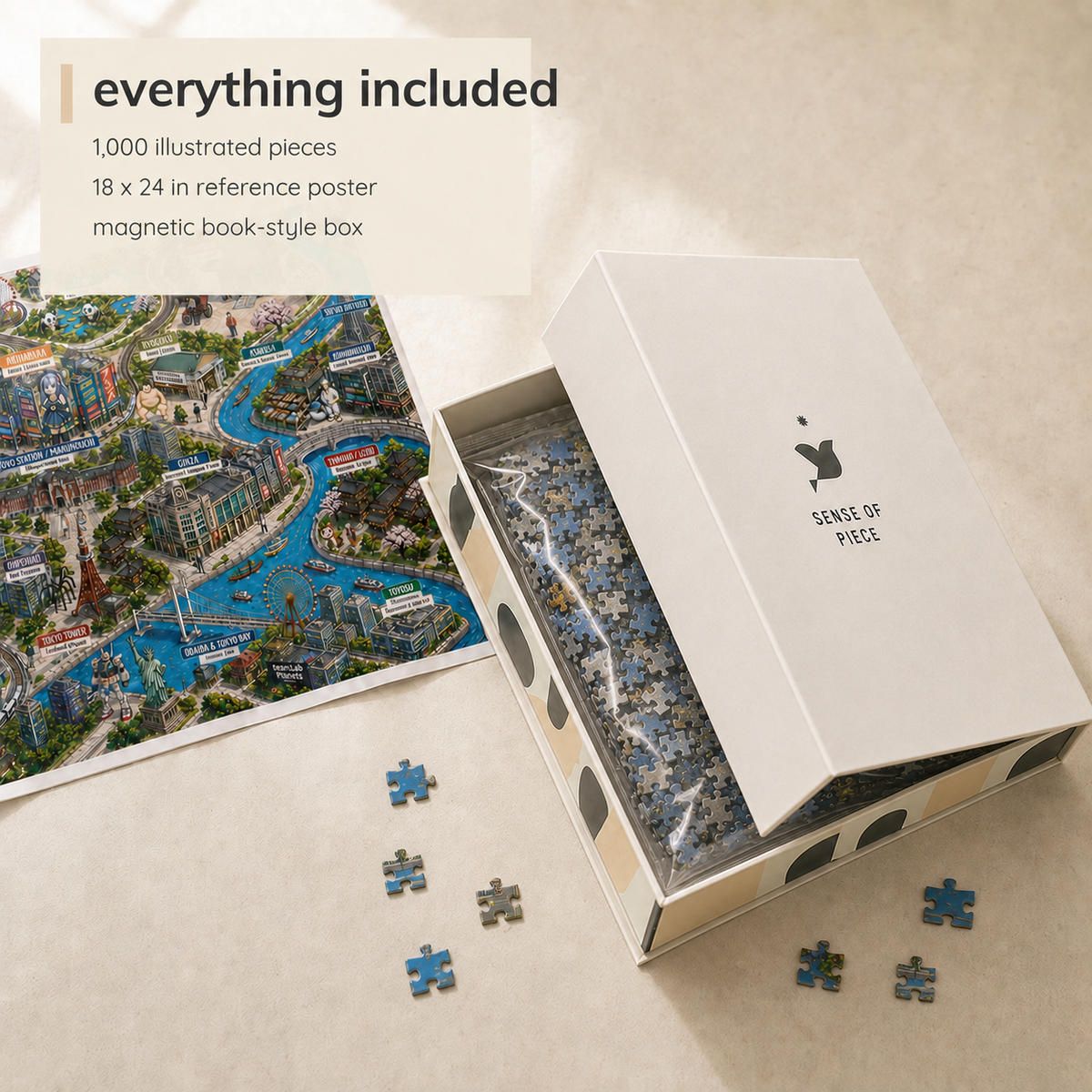 Tokyo Illustrated City Map puzzle: open box with loose pieces and reference poster